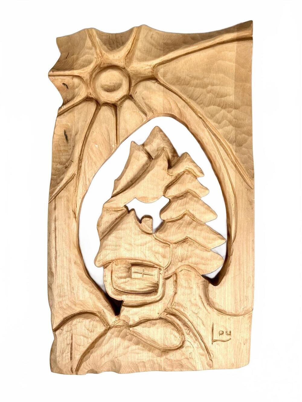 Vintage Signed Wood Relief Carving Alpine Winter Chalet Folk Art Wall Panel